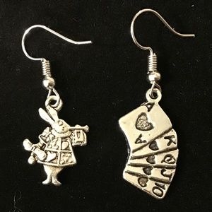 Alice in wonderland silver earrings cards rabbit handmade